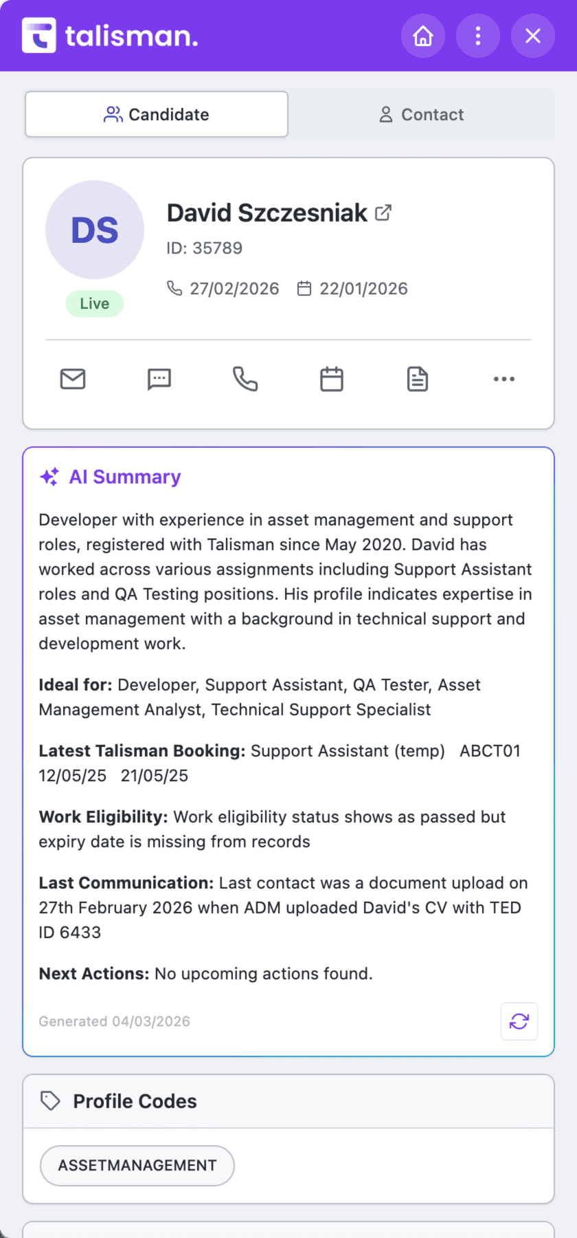 Talisman Chrome Extension panel showing a candidate's Talisman record, its actions and the start of the AI brief