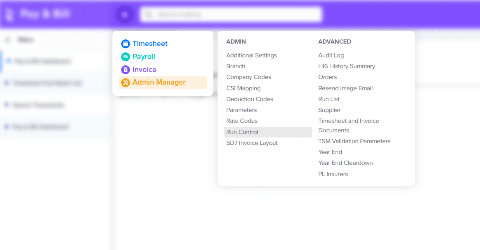 Talisman Pay & Bill navigation showing timesheet, payroll, invoice and administration areas