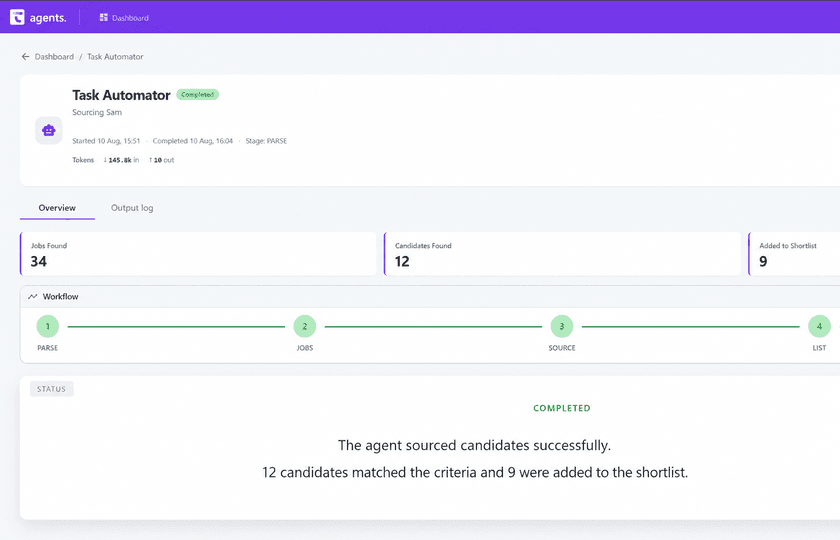 How a Sourcing Sam run is laid out in Talisman: the stages it works through, and the jobs and candidates it brings back. Figures are illustrative.