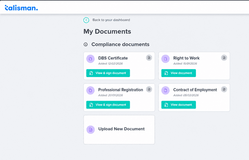 My Documents in a worker’s Talisman portal, under the heading Compliance documents: DBS Certificate added 12/02/2026 and Professional Registration added 20/01/2026, each with a View and sign document button; Right to Work added 15/01/2026 and Contract of Employment added 05/02/2026, each with a View document button; and an Upload New Document tile beneath them.