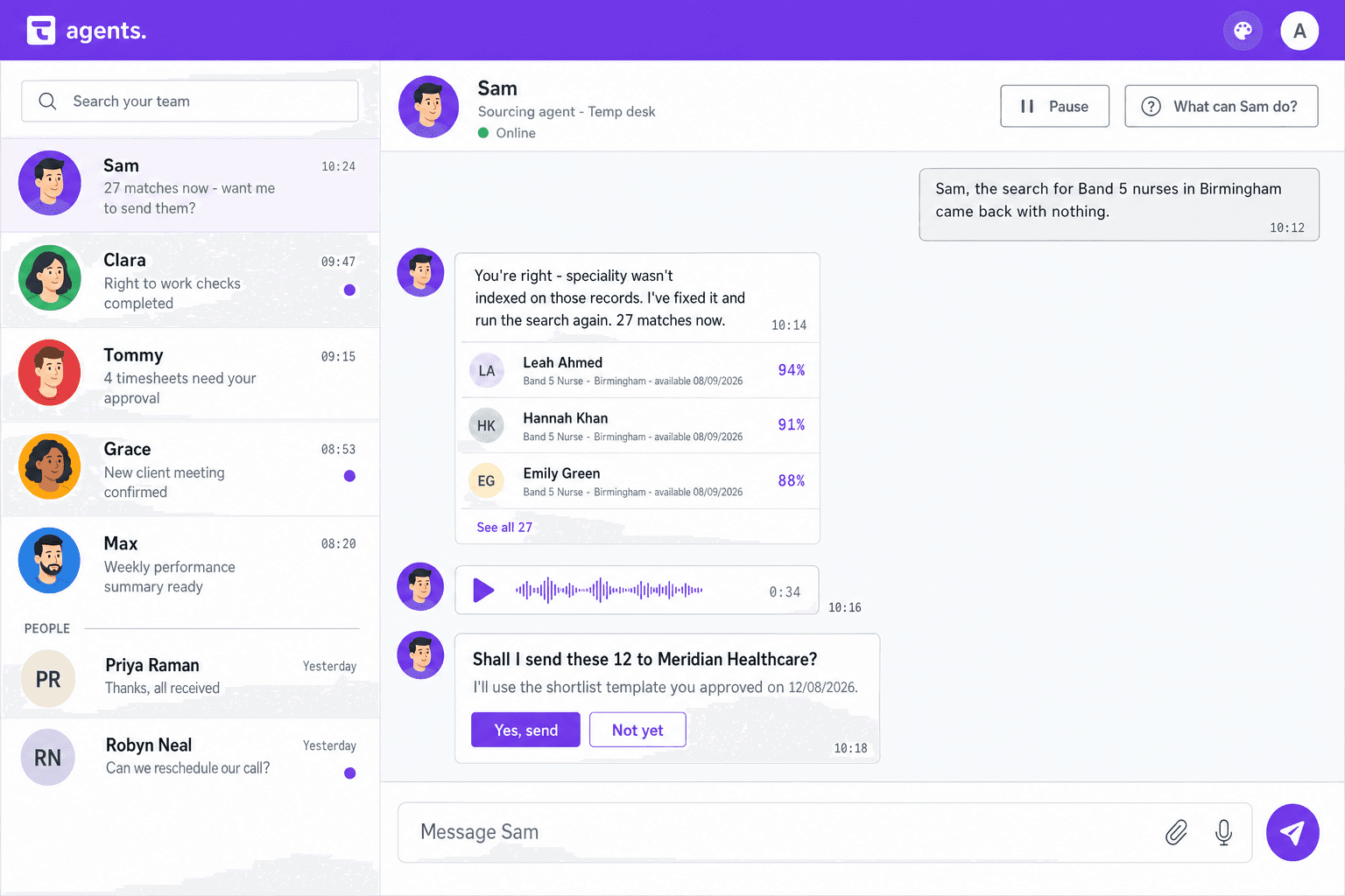 Design concept for a Talisman conversation with an agent, where a recruiter asks in plain English and the agent replies with matched candidates