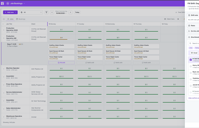 Booking Desk shift-filling view with candidate and booking context