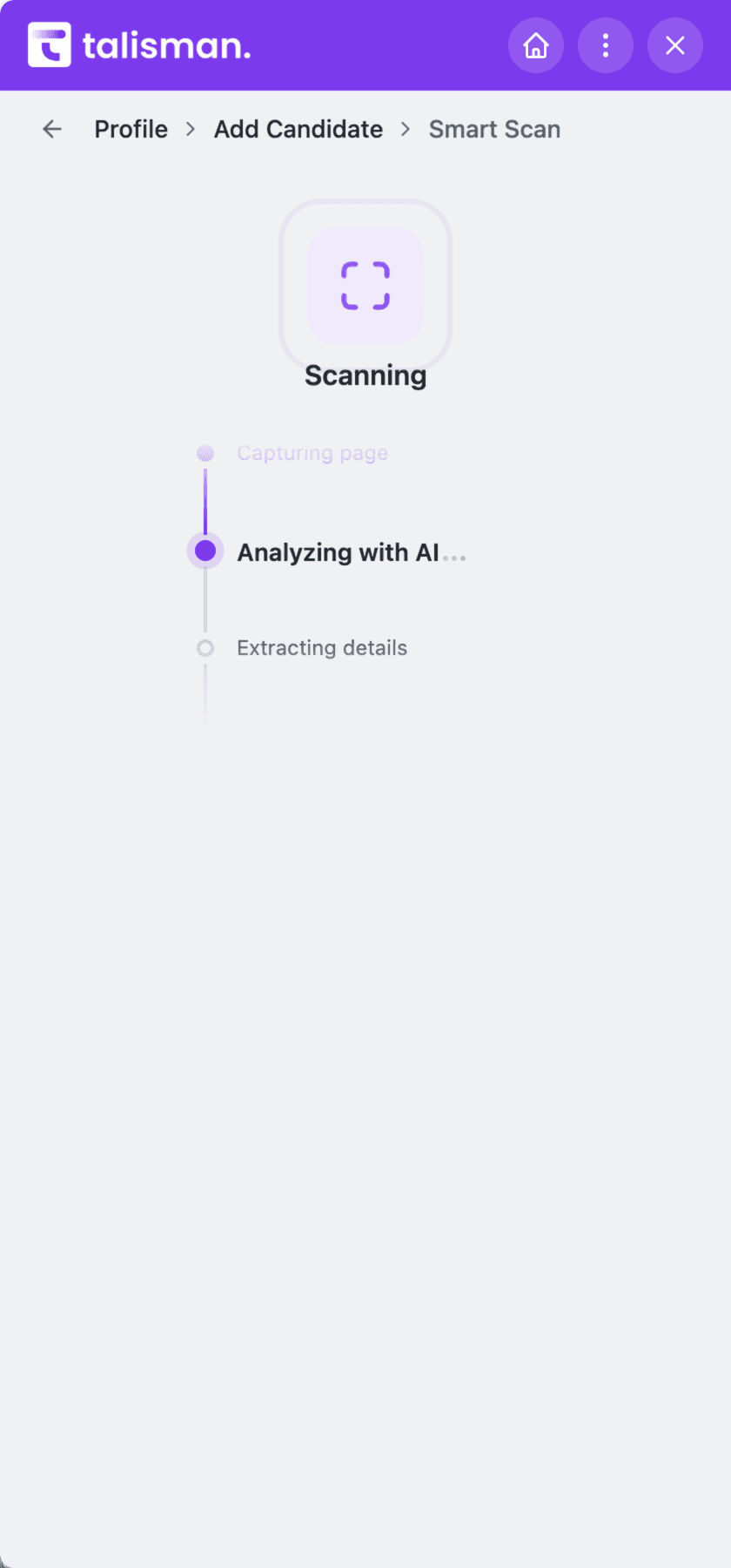 Talisman Chrome Extension mid-scan, working through capturing the page, analysing it and extracting the detail