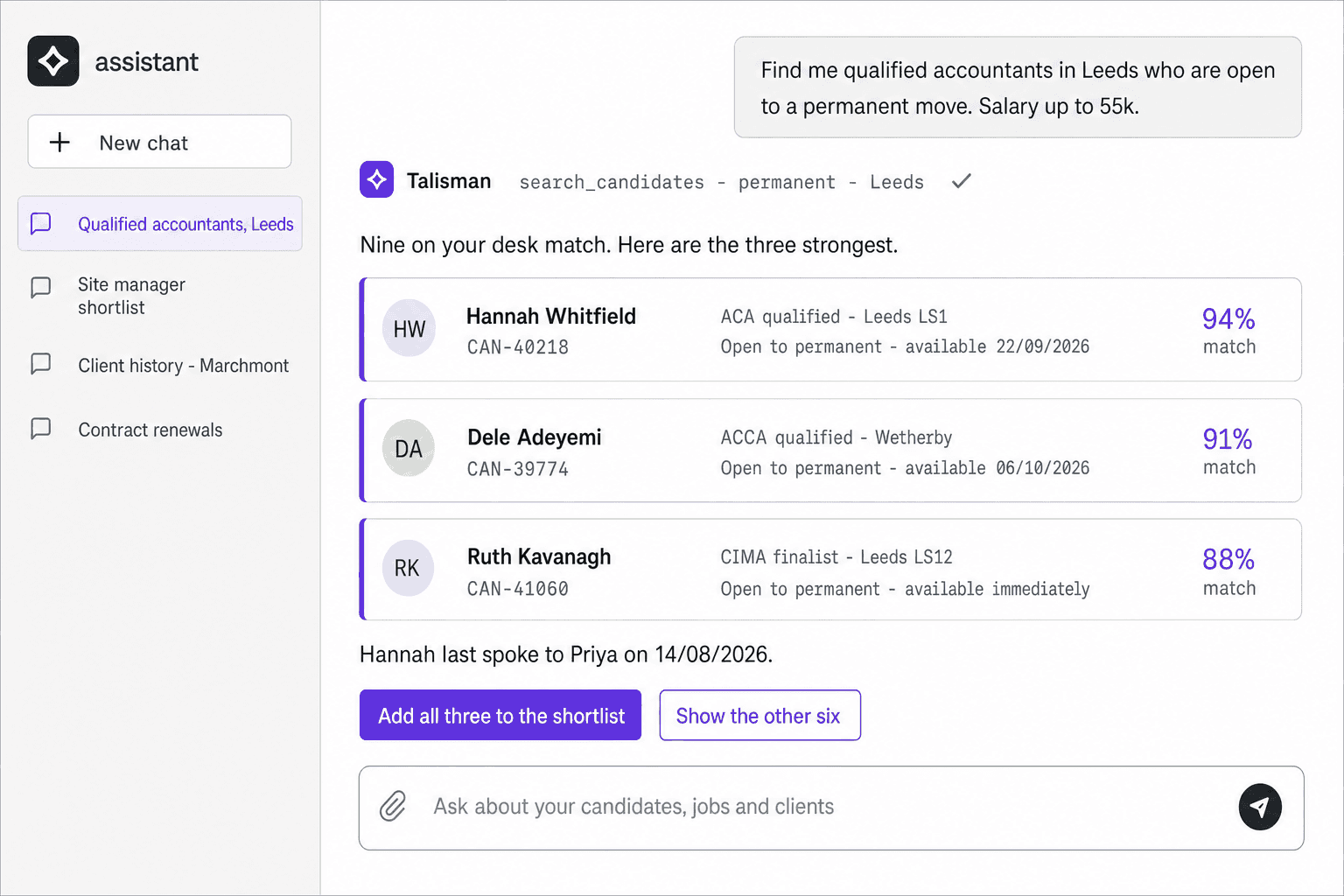 An assistant chat window. Somebody asks for qualified accountants in Leeds who are open to a permanent move on up to 55k. A Talisman tool call runs, and three candidate records come back with reference codes, qualifications, towns, availability dates and match scores, above a button reading Add all three to the shortlist.