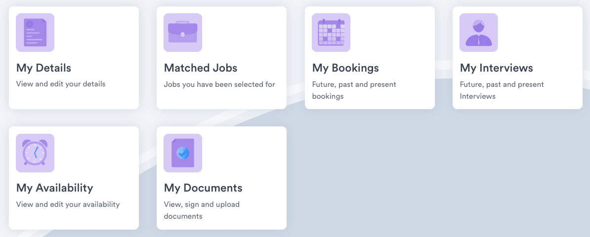 A worker’s portal home in Talisman, showing six tiles: My Details, view and edit your details; Matched Jobs, jobs you have been selected for; My Bookings, future, past and present bookings; My Interviews, future, past and present interviews; My Availability, view and edit your availability; and My Documents, view, sign and upload documents.