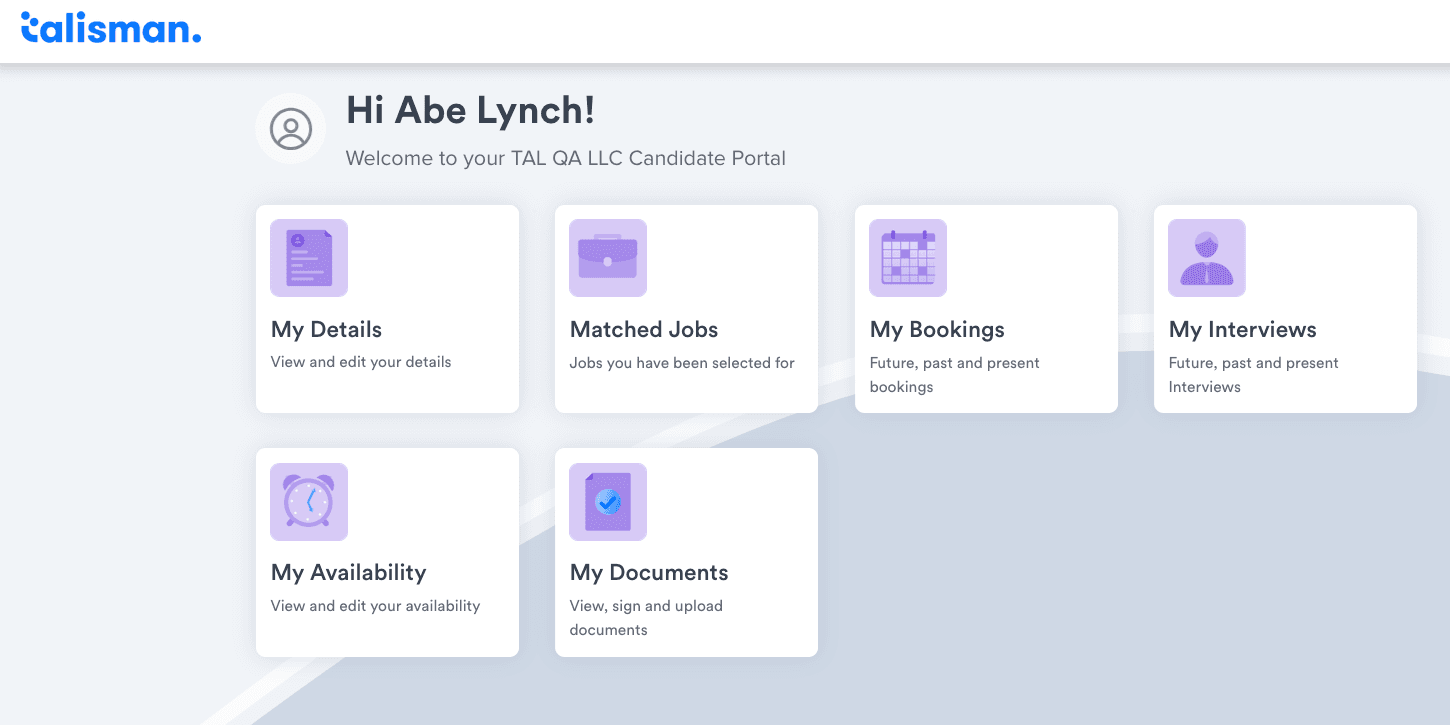 Candidate portal home with details, matched jobs, bookings, interviews, availability and documents