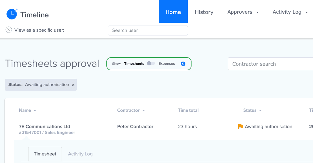 Timeline inside timesheets, showing timesheets awaiting authorisation with the contractor and the hours on each