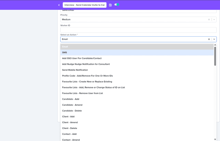 Choosing a step inside the Talimate workflow Interview - Send Calendar Invite to Candidate: the Select an Action list is open on Email, SMS, Add Nudge Notification for Consultant, Send Mobile Notification and Candidate - Add, Amend or Delete.