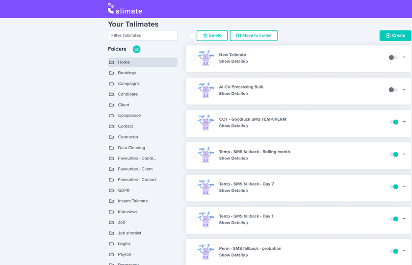 Your Talimates in Talisman: a folder list down the left — Home, Bookings, Campaigns, Candidate, Client, Compliance, Contact, Contractor — beside live workflows named COT - Goodluck SMS TEMP/PERM, Temp - SMS fallback - Rolling month, Day 7 and Day 1, each with an on-off toggle.
