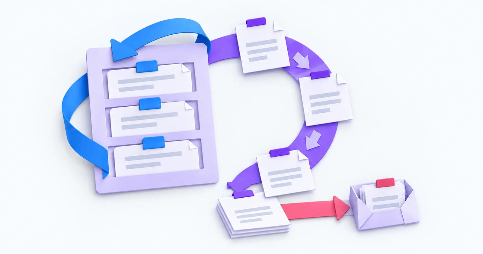 Paper instruction stencil with a blue feedback loop, curved output path and separate exception pocket — conceptual illustration
