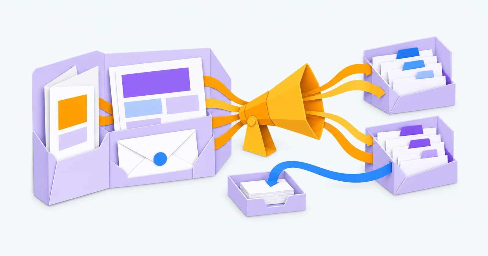 A paper campaign folio and amber megaphone connect to two audience pockets and a blue response path — conceptual illustration