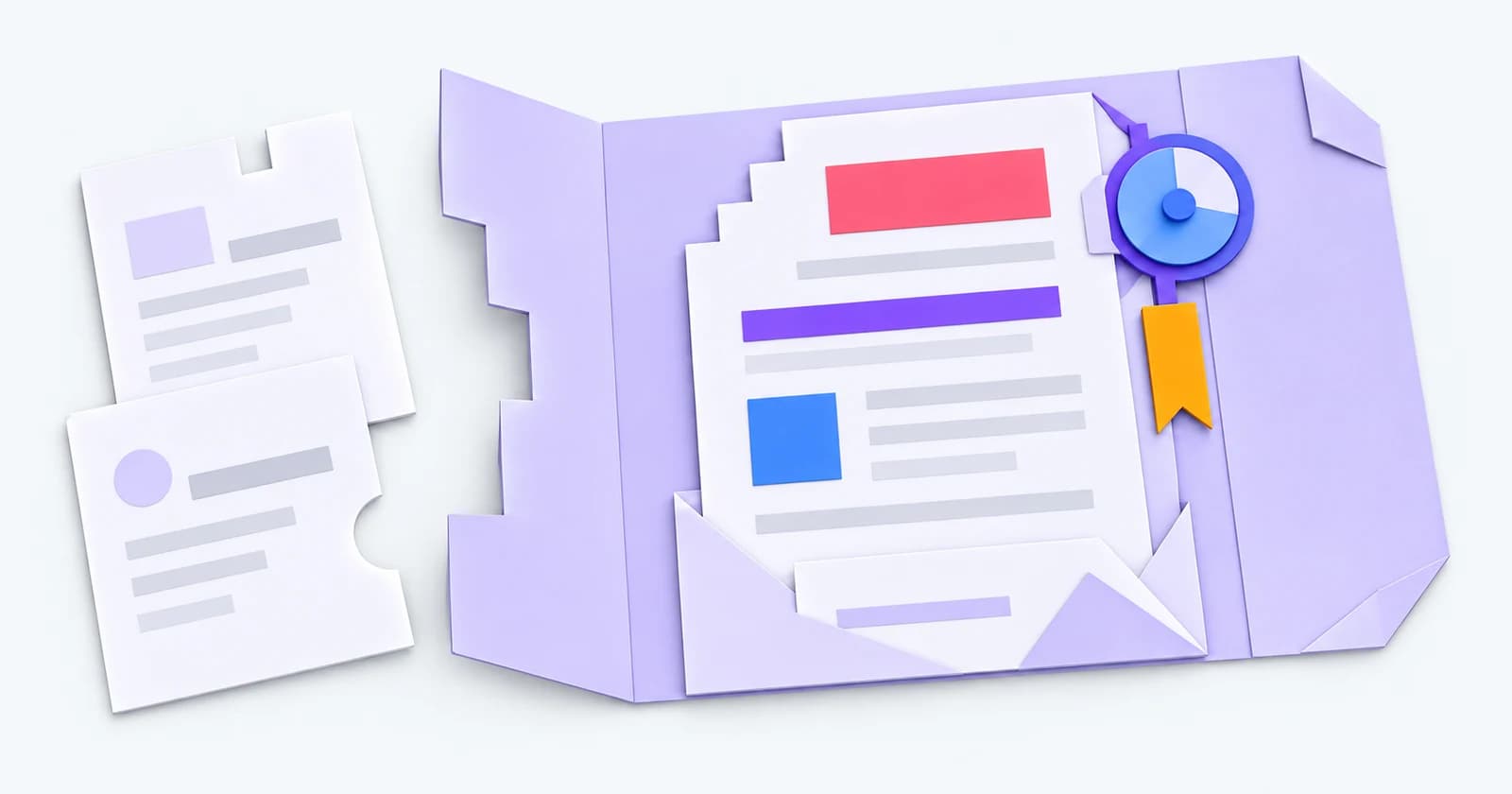 Tailored paper proposal in a notched brief sleeve, with alternative templates and an attached follow-up marker — conceptual illustration