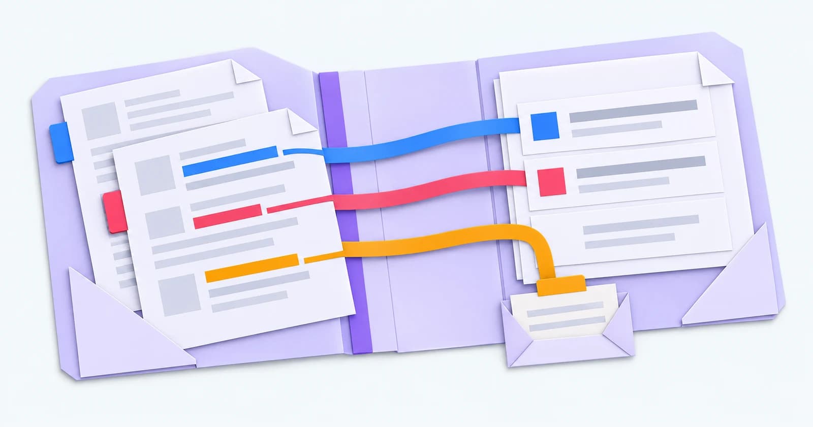 Layered paper source notes connect to matching summary details, with an amber pocket for an unresolved item — conceptual illustration