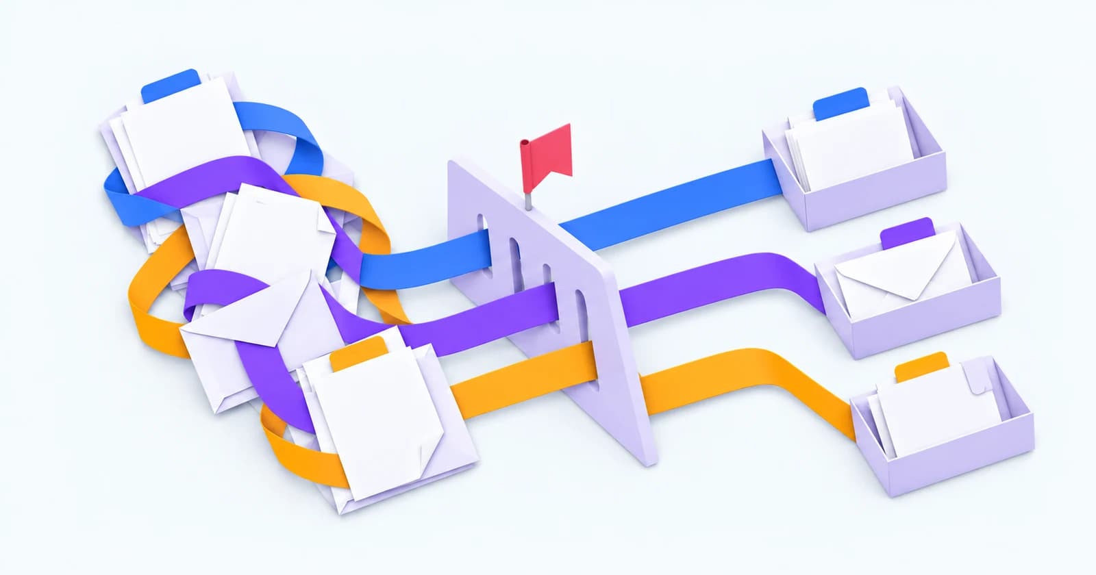 Cut-paper records and messages follow three coloured paths through a separator into distinct trays — conceptual illustration