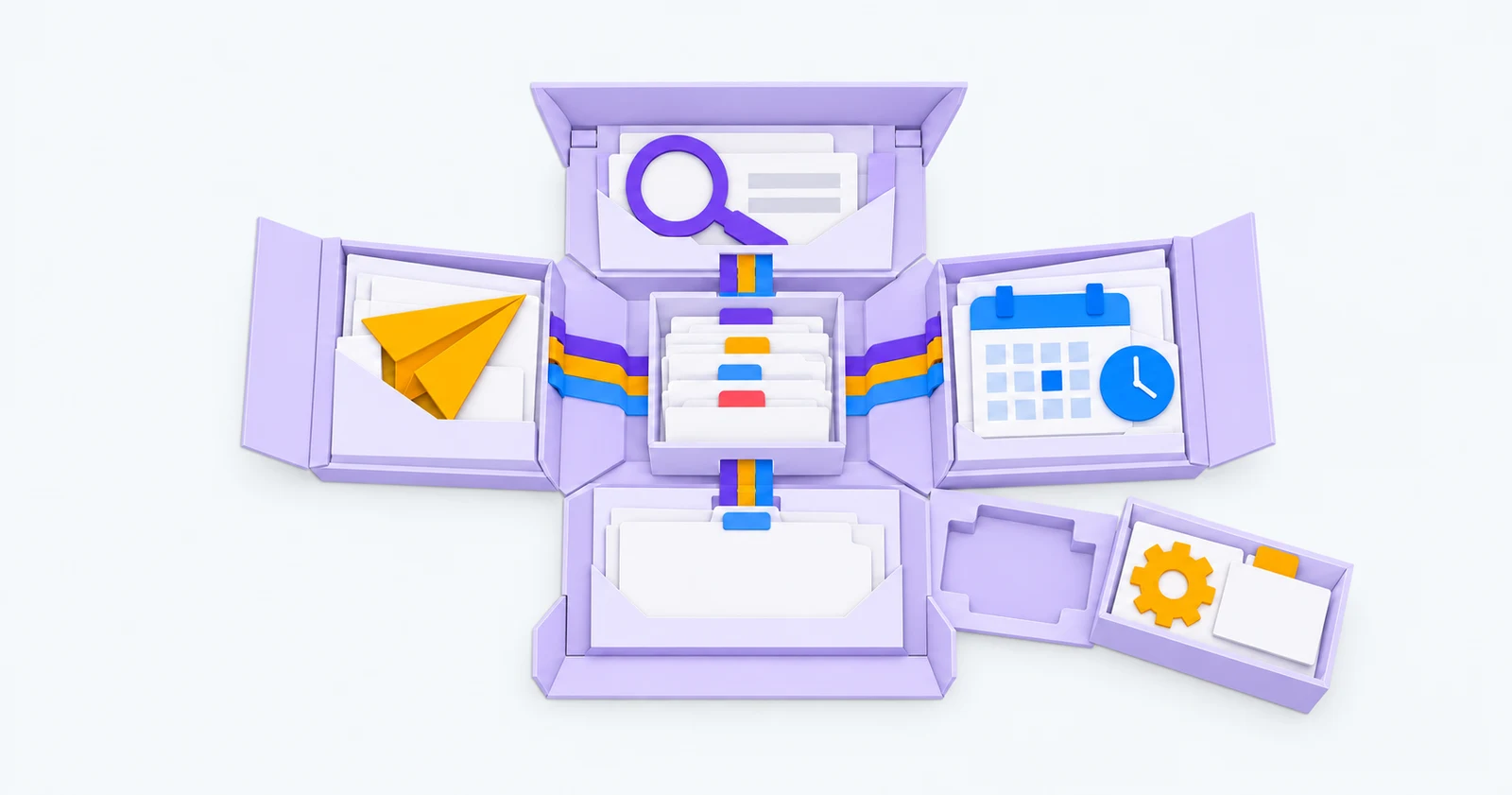 Modular cut-paper toolbox linking sourcing, outreach and scheduling tools to a central record tray — a conceptual illustration