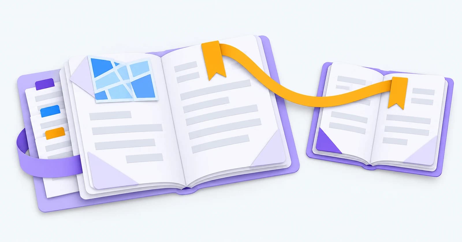 Two paper account notebooks linked by an amber next-action bookmark, with history slips and a site map — conceptual illustration