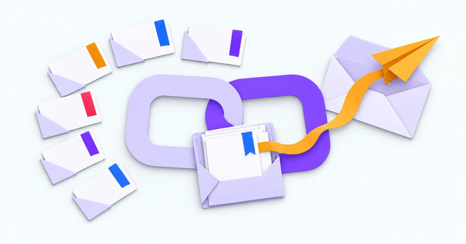 Interlocking paper links connect blank calling cards to a resource packet and outgoing envelope — conceptual illustration of professional follow-through