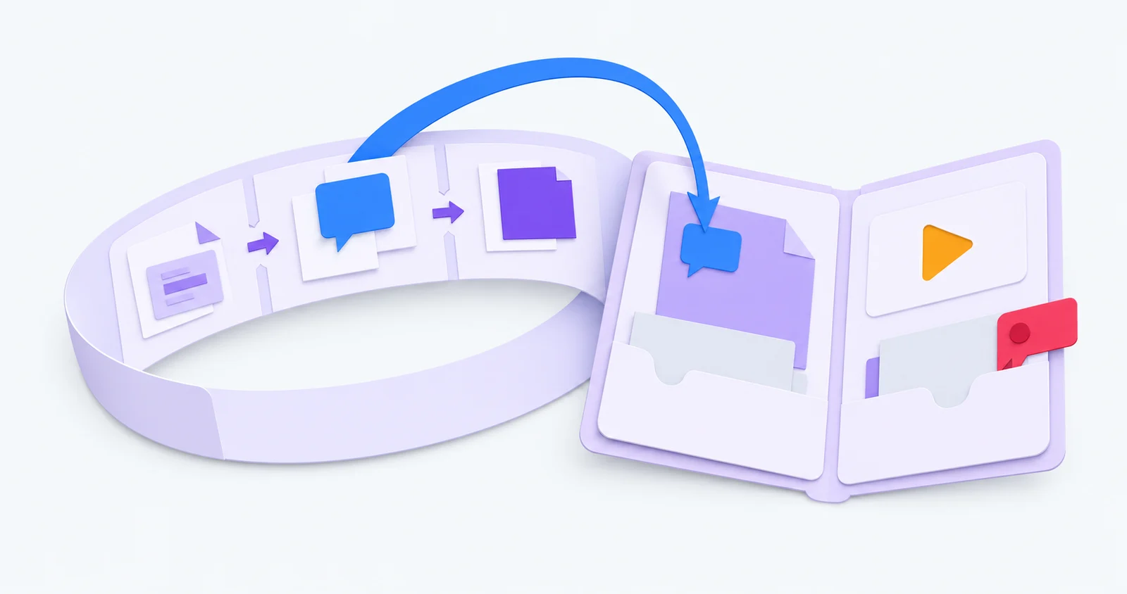 Paper storyboard loop and conversation folio with blue feedback arrows and an amber play symbol — conceptual illustration