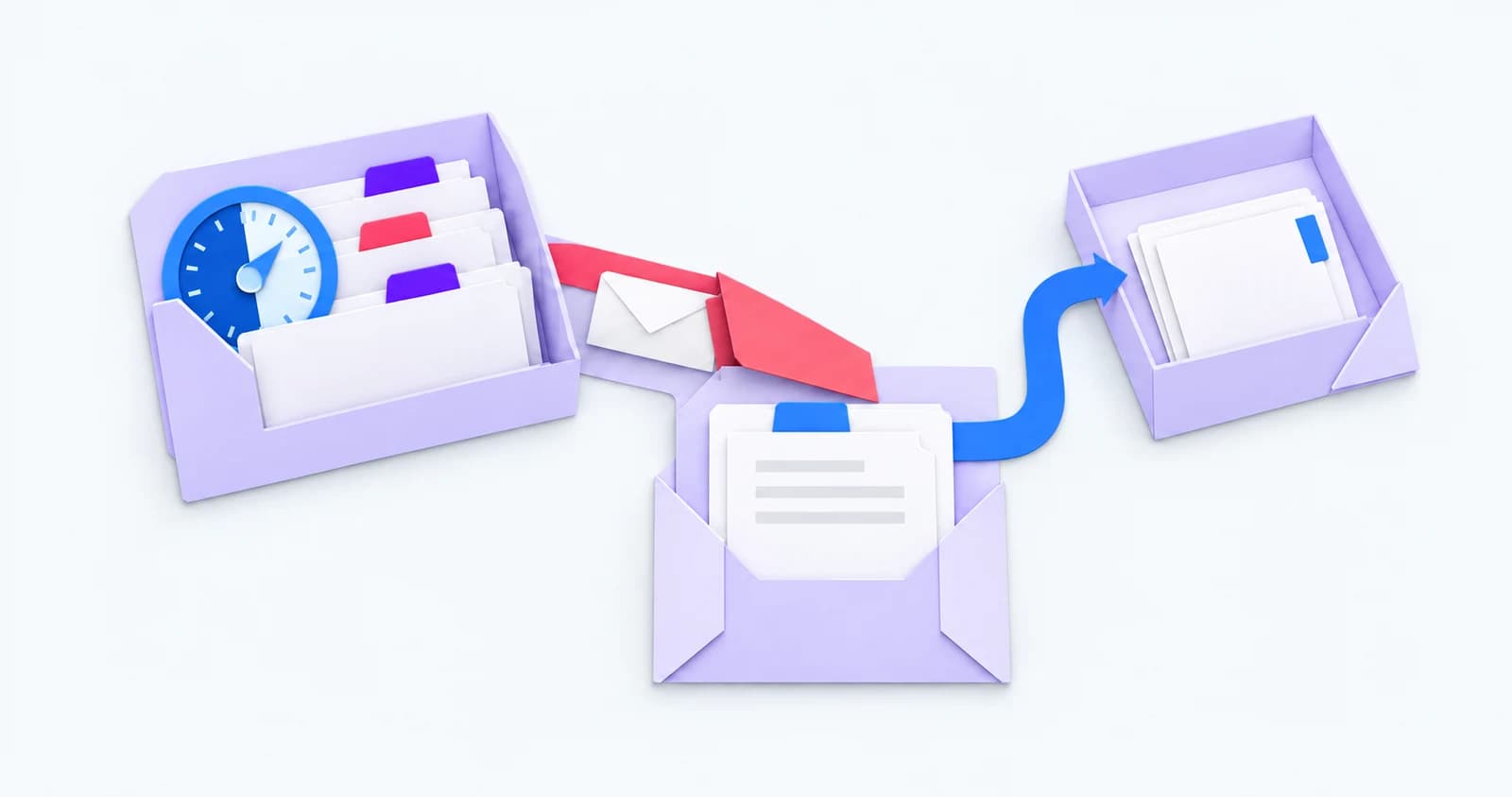 Paper timing dial and queued reminder stopped by a rose flap, with a separate route for the completed record — conceptual illustration