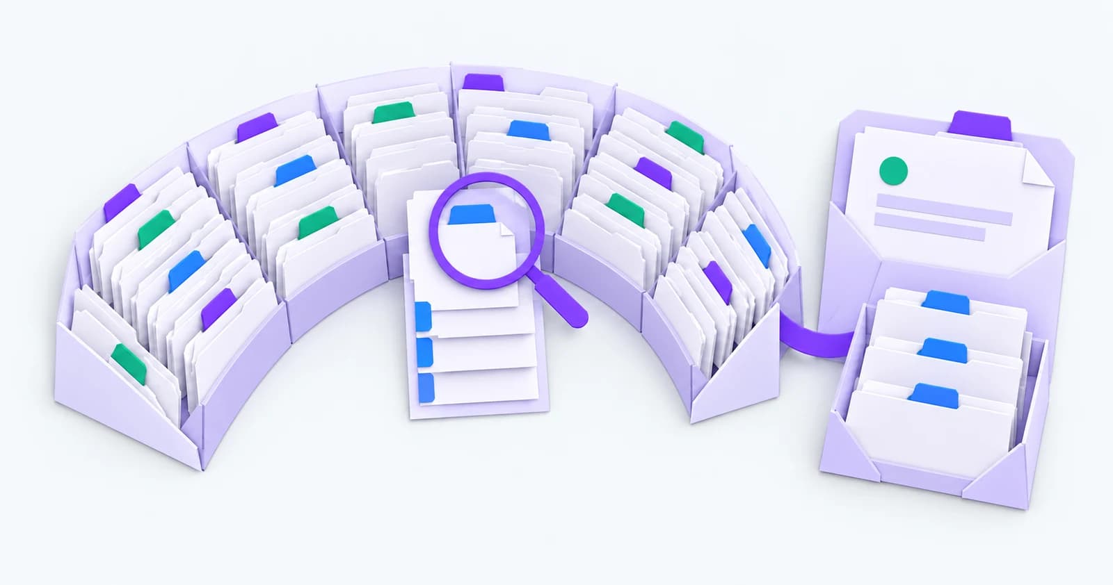 Paper archive with a magnifier over a selected record and its history, linked to a job shortlist — conceptual illustration