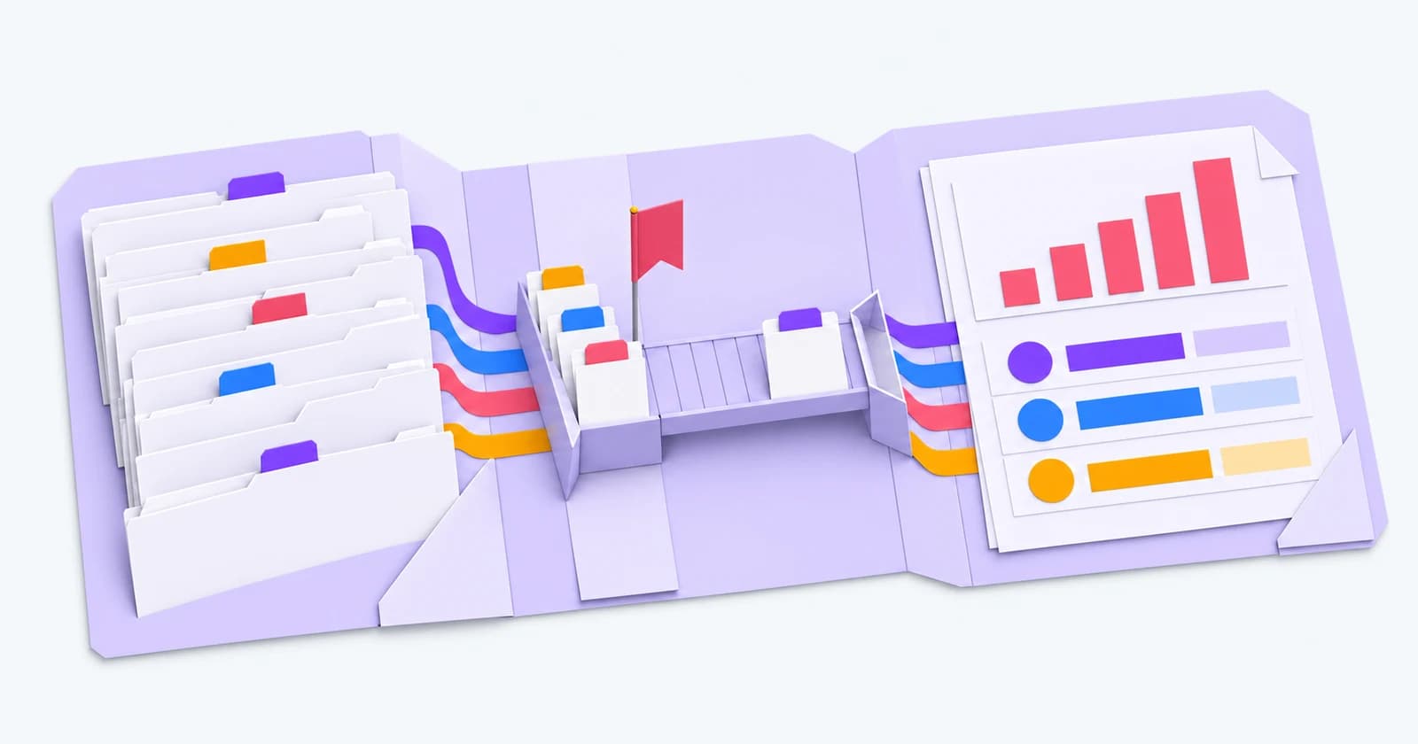 Paper folders and queued work connected to a reporting sheet — a conceptual illustration of the records behind recruitment KPIs