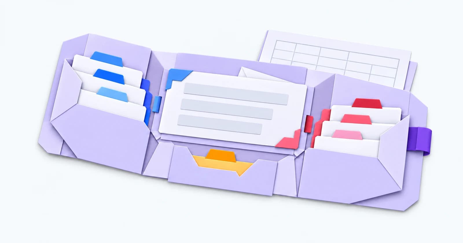 Paper booking folio with blue and rose confirmation slips, an amber outstanding-action pocket and a timesheet — conceptual illustration