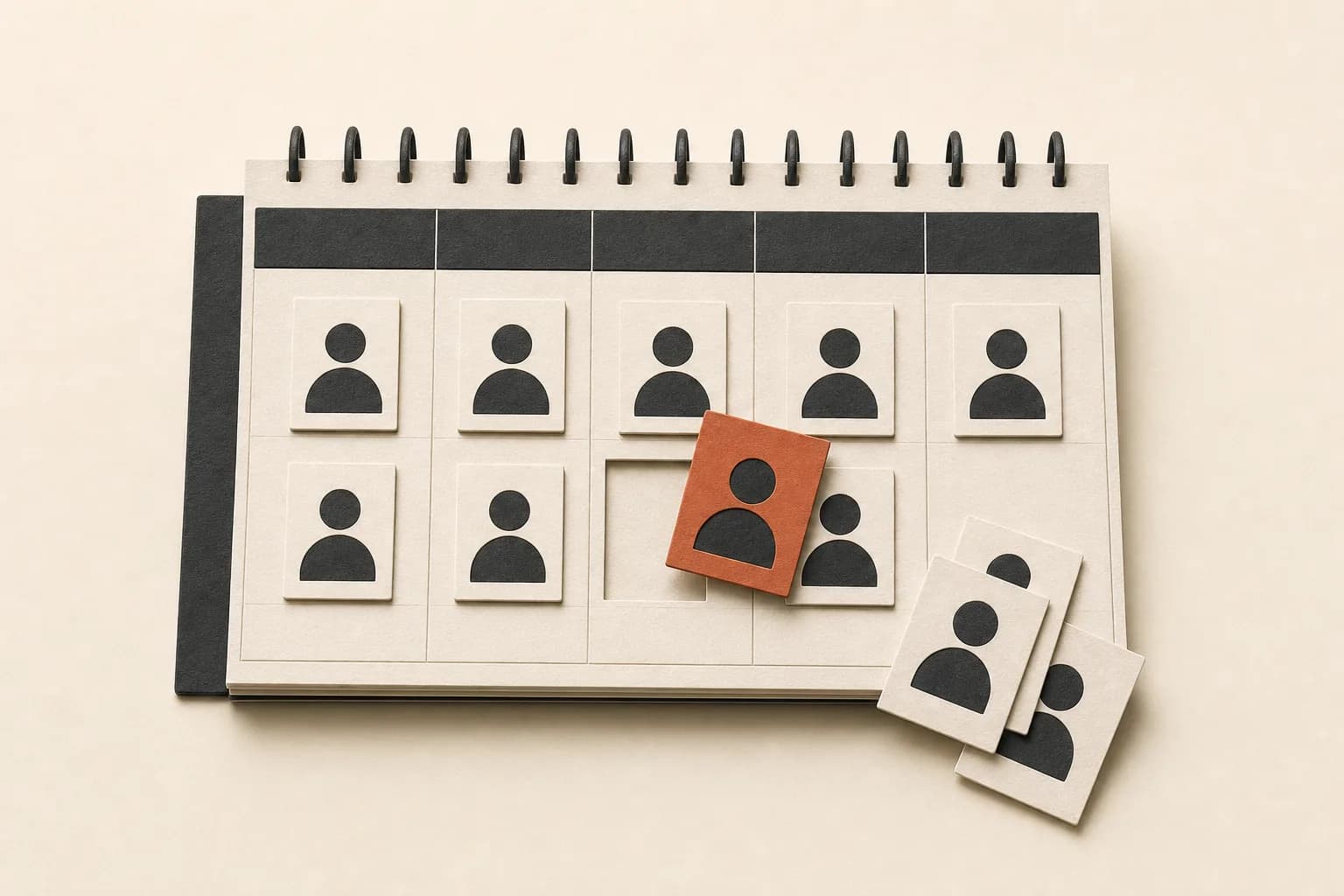 Paper worker cards arranged on a weekly planner, with one open shift