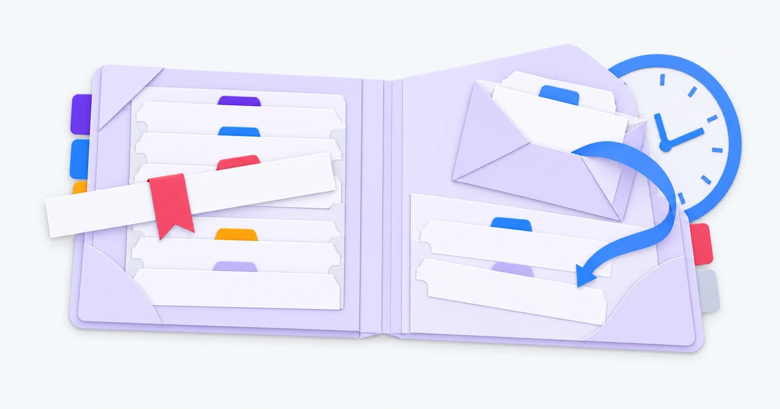 Cut-paper daily planner with a highlighted task, follow-up envelope and clock — a conceptual illustration of choosing the next action
