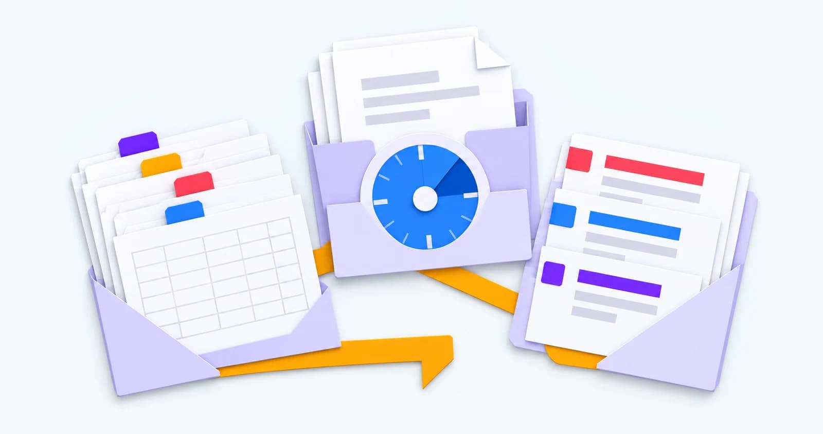 Overlapping paper workpacks for records, payment timing and skills matching, joined by an amber ribbon — conceptual illustration