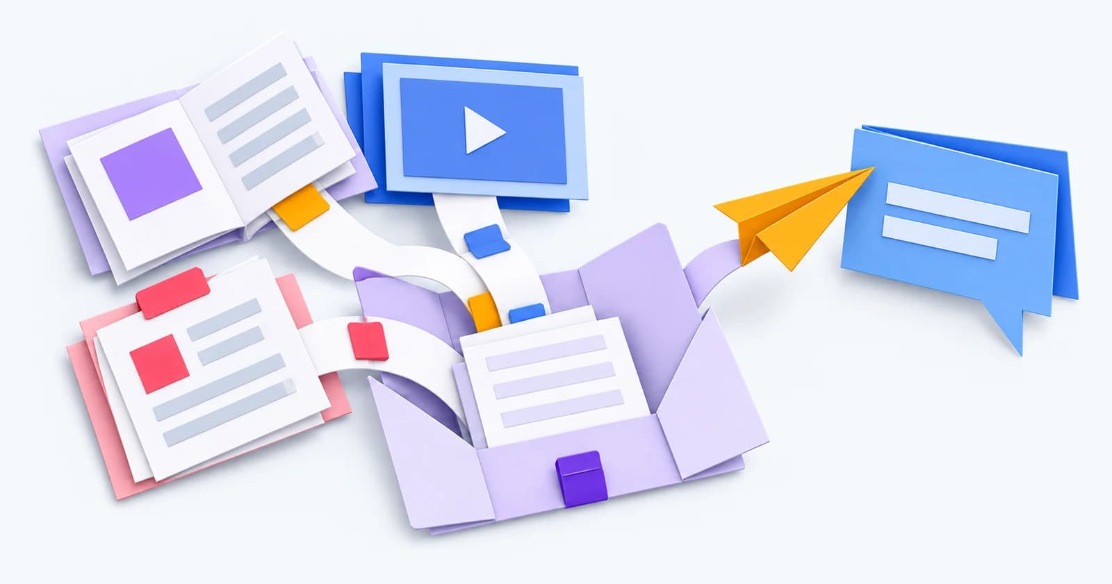 Paper publication, video and vacancy sheets feed a reply folio, with an amber plane leading to a conversation — conceptual illustration
