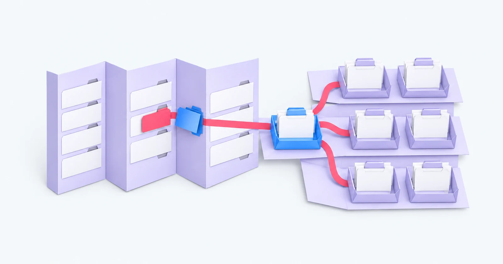 Cut-paper accordion guide connects a corrected task to one trial desk and a wider group of desks — conceptual illustration