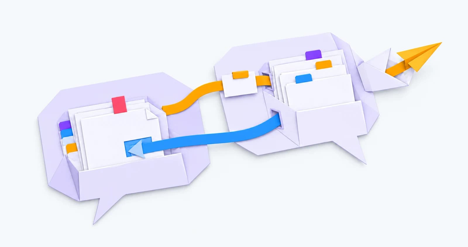 Two cut-paper speech bubbles exchange an update and feedback, with a paper plane leaving an envelope — conceptual illustration