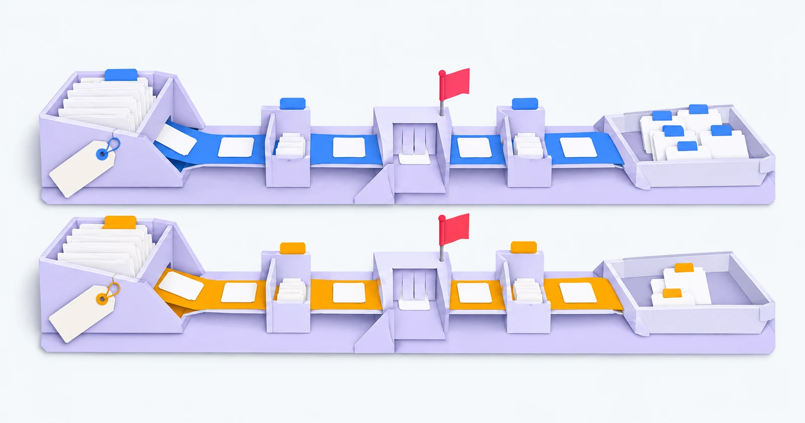Two cut-paper recruitment source lanes with applications, waiting stages and outcome trays — a conceptual comparison